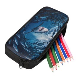 STUOARTE Shark Pattern Pencil Holder for Kids, Wide-Opening Pen Case with Zipper, Large Storage Pencil Bag Stationery Pouch for School College