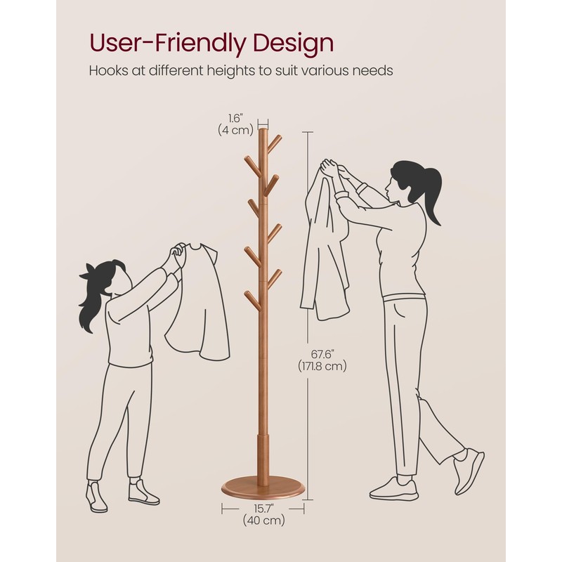 VASAGLE Solid Wood Coat Rack, Free Standing Hall Coat Tree