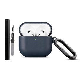 Haobobro Nappa Series Leather Case for AirPods 4th Generation 2024 - Handmade Leather Case with Carabiner & Cleaning Kit - Shockproof AirPods 4 Leather Case Protective Leather Case - Blue