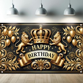 Starlit Patio Elegant Gold Crown Lion Birthday Backdrop Banner Balloons Ribbons Decorative Photography Background for Celebrations Royal Birthday Decoration for Events Photo Booths 71 x 43 inch