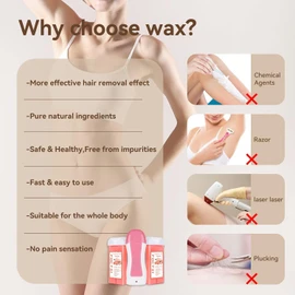 Roll on Wax Kit, Wax Roller Kit for Hair Removal, Waxing Kit for All Skin Types, Soft Wax Heater for Larger Areas of the Body, with 2 Rose Wax Cartridges & 100 Pcs Wax Strips