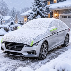 Quilted Car Snow Cover for Outdoor Parking – Silver Protective Half Cover for Windshield, Roof & Windows in All Seasons