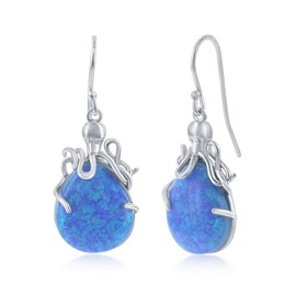 925 Sterling Silver Rhodium Plated High Polished Pear-Shaped Created Blue Opal Nautical Octopus Dangling Earrings