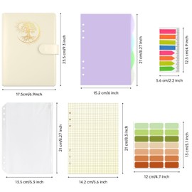Qefuna A5 Ring Binder, A5 Refillable, PU Cover with Foil Embossing Sun Tree of Life Pattern, with 180 Sheets A5 Refill Paper, A5 Notebook with Pockets and Dividers, Beige