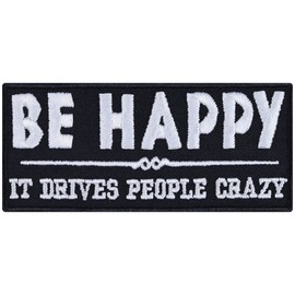 BE Happy Sew on Patch - Iron on Patches for Bikers, Rockers, Hipsters, influencers, Psychologists - Wildly Popular Applique for Jackets, Jeans, Backpacks, Hats, Shirts - 90x40 mm