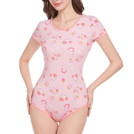 Landofgenie Women's Bodysuit Short Sleeve Cotton Onesie Pyjamas Bodysuit One-Piece Onesie Romper Strawberry Cow, pink