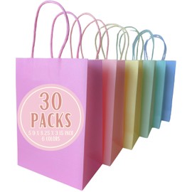 Bon et Beau Pastel Rainbow Paper Gift Bags 30 Packs - 6 Assorted Colors, 5.9 x 8.25 x 3.15 Inch Small Kraft Paper Party Favor Bags with Handles Perfect for Birthdays, Baby Showers, Weddings, and Holiday Parties