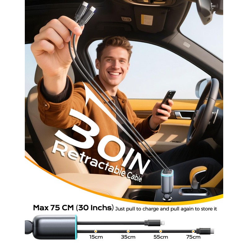 Retractable Car Charger L+C Grey 1Pack
