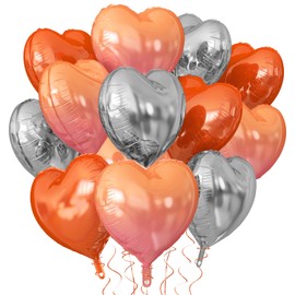 KALOR Orange and Silver Heart Balloons, 12Pcs 18 Inch Heart Shaped Foil Balloons for Valentines Day, Wedding, Bridal Shower and Birthday Party Decorations