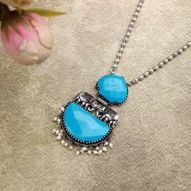 Turquoise Gemstone Bollywood Oxidized Elephant Jewelry Set for Women – Indian Ethnic Necklace with Matching Earrings 18" IN