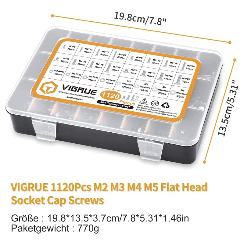 VIGRUE 1120 Pieces M2 M3 M4 M5 Countersunk Screws with