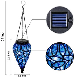OMRAYTU Solar Hanging Lantern Outdoor Lights, Solar Lanterns Decorative Outdoor,Tear-Shaped 15 LEDs Cool White Hanging Lights with S Hooks Decor in Garden, Yard, Pathway, Front Door, Blue