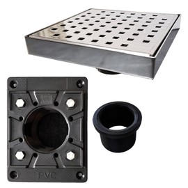 SereneDrains 304 Stainless Steel 6 Inch Square Polished Chrome Shower Drain Kit with Base Square Design for Tile Floor Drain Grate Cover Hair Catcher (Polished Stainless Steel, Square PVC Plastic)