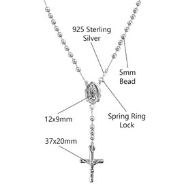 Savlano 925 Sterling Silver Italian Solid Bead Chain Cross & Rosary Virgin Mary Pendant Y Necklace Comes With Gift Box for Women - Made in Italy (20, 5mm)