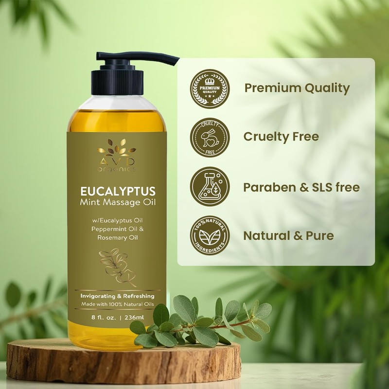 AVD Organics Eucalyptus Mint Massage Oil 236ml – Refreshing &
