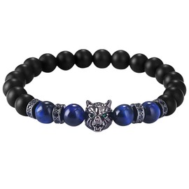 JewelryWe Black Onyx Stone Bracelet 8mm Beaded Links Wolf Head Bracelets for Men Women