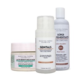 Nuestra Tierra Cosmetica Kit Despigmentante Premium, Loción Facial con Ácido Mandélico, Crema Genitals, Mascarilla Lacto Renew, 3 Piezas