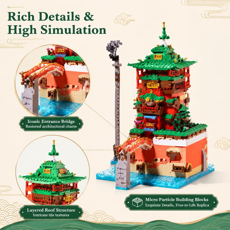 APENGBAOL Japanese Bathhouse Micro Building Blocks, 2657PCS Steampunk Architecture Building
