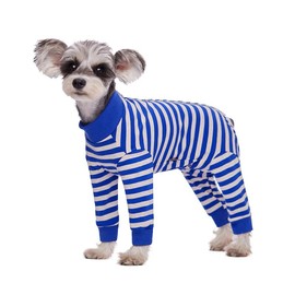 Dog Striped Recovery Suit, Puppy After Surgery Onesie for Female Male Dogs, Dogs Cats Long Sleeve Pajamas Bodysuit, Surgery Abdominal Wound Bandages Clothes, Dog Pant for Shedding Skin Disease Blue