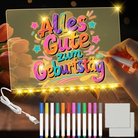 TZEKING LED Notiztafel mit Farben,30x20cm Acryl Notiztafel mit 12 Farben Stift,Nachrichtentafel mit LED-Leuchten,Transparente Acryl Tafel,Memotafel für Schreibtisch, Büro, Café, Schule, Zuhause