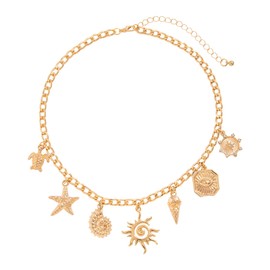 Summer Starfish Shell Necklace Gold Starfish Shells Necklace Gold Charm Sun Choker Chain Sea Star Surfer Chain Boho Summer Beach Jewellery for Girls Summer Holiday, Stainless Steel, No Gemstone