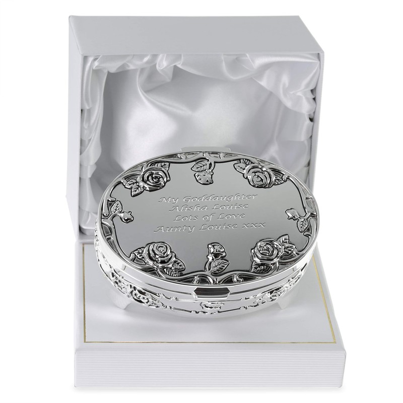 De Walden Goddaughter Gift, Engraved Silver Plated Rose Trinket Box
