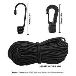 1/4"Bungee Shock Cords with Hooks, 130Feet Elastic Nylon Cords Kayak Stretch String Rope for Bikes, Tie Downs, Boating, Camping,Cars,Sunshades, Fitness,Outdoor Enthusiasts (1/4 inch x 130 feet, Black)