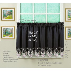 Today's Curtain Verona Reverse Embroidery Tier, 24", Black/Rose, 60" W X 24" L