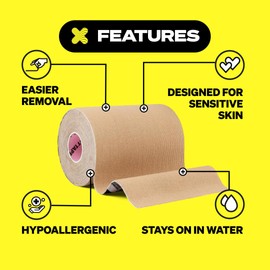 SPORTTAPE Extra Wide Kinesiology Tape 10cm x 5m - Gentle Adhesion Tape for Sensitive Skin | Hypoallergenic, Water Resistant Sports Tape for Muscle Support, FTM Chest Binding & Lower Back - Beige