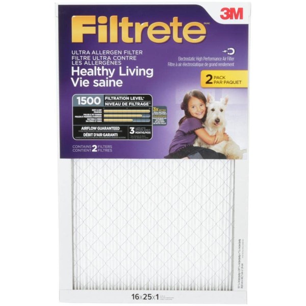 Filtrete 16x25x1 Furnace Filter, MPR 1500, MERV 12, Healthy Living Ultra-Allergen 3-Month Pleated 1-Inch Air Filters, 2 Filters
