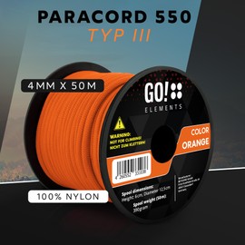 GO!elements 50 m Paracord Rope Made of Tear-Resistant Nylon Cord – 4 mm Paracord 550 Type III Cord – Suitable as All-Purpose Rope & Cord – Max. 250 kg, Colour: Orange