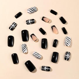 French Tip Press on Nails Black Fake Nails with Bow Rhinestones Designs Black White Curve Line False Nails Glossy Full Cover Acrylic Nails Medium Square Christmas Nails for Women Girls 24Pcs