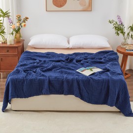 Love's cabin 6 Layer 100% Cotton Muslin Blanket, 90"x90" Muslin Blanket Queen for Couch Bed, Navy Blue Queen Size Muslin Blanket, Cotton Gauze Blanket for Adult, Lightweight and Breathable Blanket