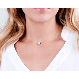 Tooliks - Blue Opal Heart on 14K Gold Filled Choker Necklace - Designer Handmade Thin Collar for Women - Length: 13.5 inch + 3 inch Extender (gold filled, blue)