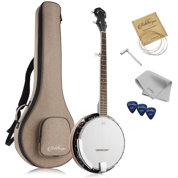 Ashthorpe 5-String Banjo - Full Size with 24 Brackets, Closed Back, Mahogany Resonator, Geared 5th Tuner, Padded Gig Bag