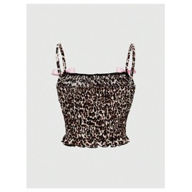 Milumia Women's Bowknot Decor Leopard Pattern Shirred Sleeveless Cami Top Brown Small