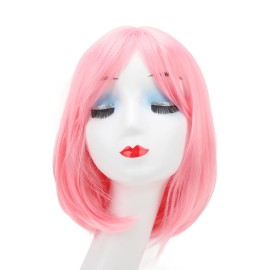 Unbranded Short Pink Bob Wig Headgear Fluffy Short Straight Bob Wig With Bangs For IBXH