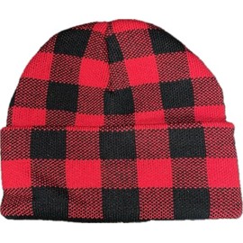 Red Black Buffalo Plaid Flannel Look Cuffed Long Winter Watch Stocking Cap Hat Up North Cabin Rustic Lumberjack Checkered Checked