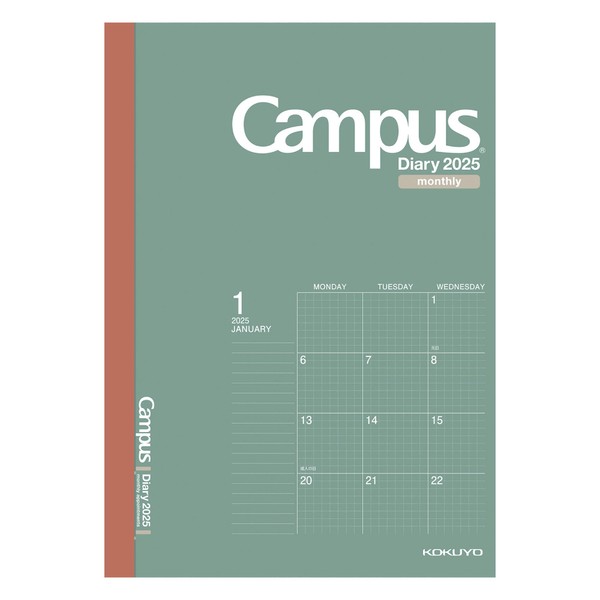 Kokuyo 2025 Campus Diary, Monthly Block, Graph Rule, A5, Green,