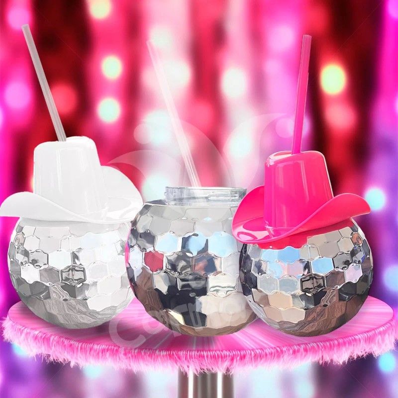 Grupo Carnavallia 2 Vaso Bola Disco Sombrero Texano Blanco Rosa