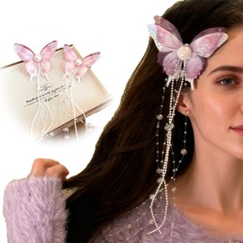 2Pcs Butterfly Hair Clip Chain With Crystal Tassels，Fairy Butterfly Tassel Hair Beads, Weddings Or Parties Hair Accessories (Purple)