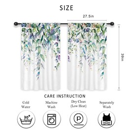 Riyidecor Blue Eucalyptus Leaves Kitchen Curtains Rustic Floral Spring Farmhouse Watercolor Botanical Plant Rod Pocket Nature Bathroom Bedroom Living Room Treatment Fabric 2 Panels 27.5Wx39H Inch