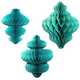 Set of 3 Teal Green Honeycomb Tissue Paper Hanging Ornament Decorations (11 inch, 10 inch, 8 inch)