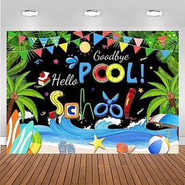 Mocsicka Back to School Party Backdrop Goodbye Pool Hello School Background Out for The Summer Tropical Palm Tree Backdrop First Day of School Classroom Decor Photo Booth Props(Black,82''x60'')