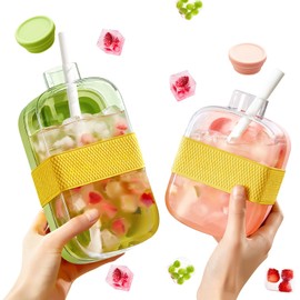 AKONE Pack of 2 Ice Cube Bottles, 800 ml Ice Cube Bottle and 500 ml Ice Cube Bottle, 2 in 1 Ice Cube Tray with Lid and Straws, Ice Cube Trays Ice Cube Box for Coffee, Juice and Drinks
