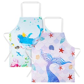 ABOHU Children's Apron, Cooking Apron Children with Cartoon Pattern, Washable Apron for Boys Girls, Baking Apron, Kids Kitchen Apron for Toddlers, Cooking, Baking, Painting, Party, Blue Whale + Purple