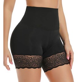 Vaslanda Women Lace Slip Shorts for Under Dress High Waist Belly Control Anti-Chafing Undershorts Safety Underwear Panty Black S