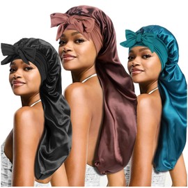 3 capó largo de satén para trenzas, capó grande y sedoso con corbata para mujeres durmiendo el cabello rizado, B - negro, verde azulado, café, Talla única