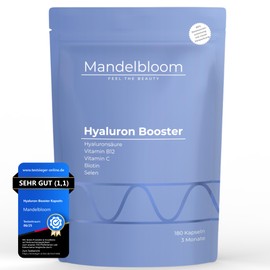 Hyaluronic Booster • High Dose Hyaluronic Acid 500 mg • Test Winner • 180 Capsules for 3 Months • High Bioavailability 800 kDa • With Vitamin C, B12, Biotin, Selenium • Laboratory Tested • Vegan • Made in Germany