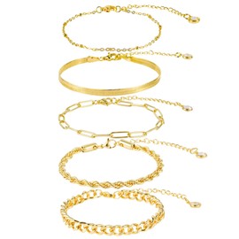 Mikovivi 5pcs Gold Ankle Bracelets, Anklets for Women Titanium Steel Gold Plated Women's Chain Link Anklets Adjustable Stackable Bracelets Trendy Foot Jewelry Gifts for Women Girls Beach (Style 2)
